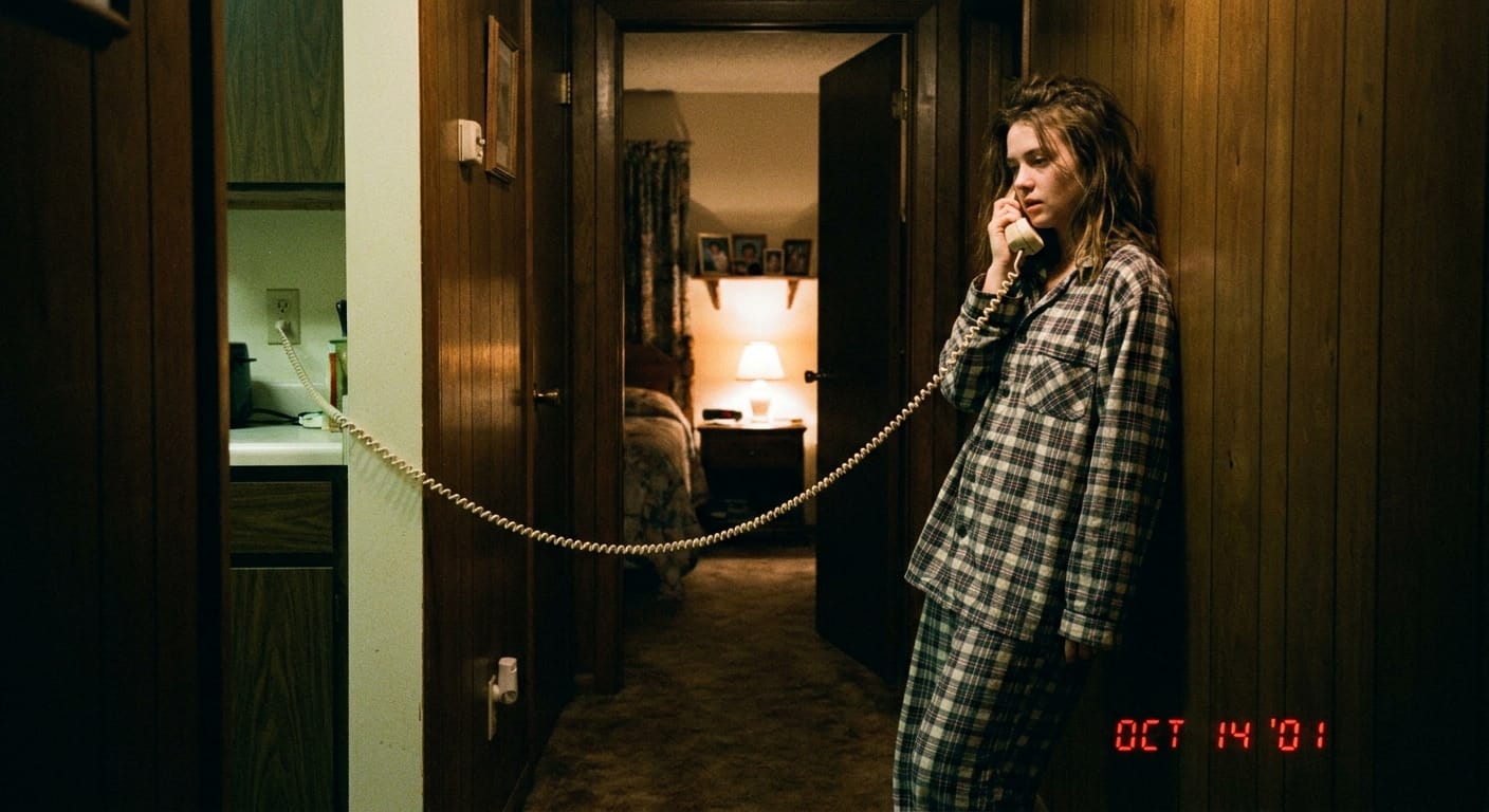 A woman in 2001 stretching a corded phone line toward her bedroom for privacy at night