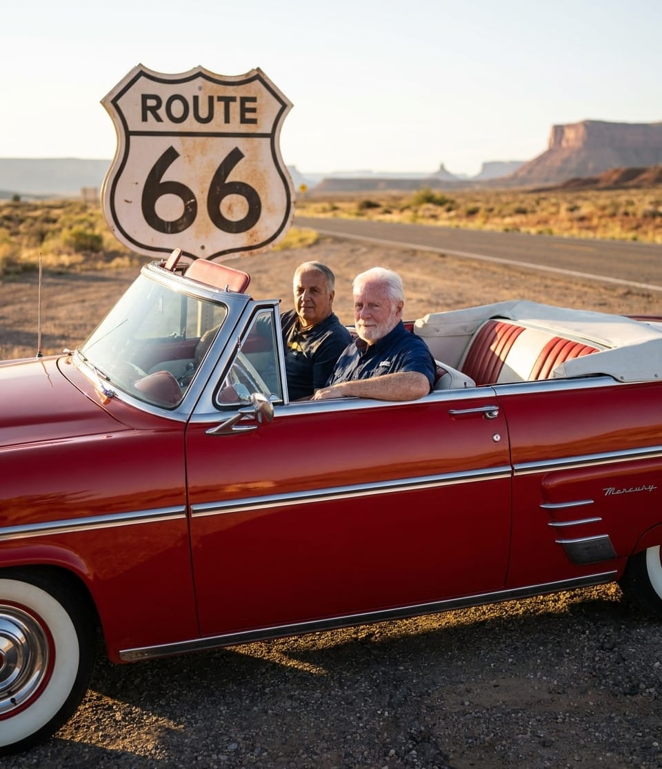 Scott Johnson and Harvey with a Siren Red 1953 Mercury Monterey convertible on Route 66