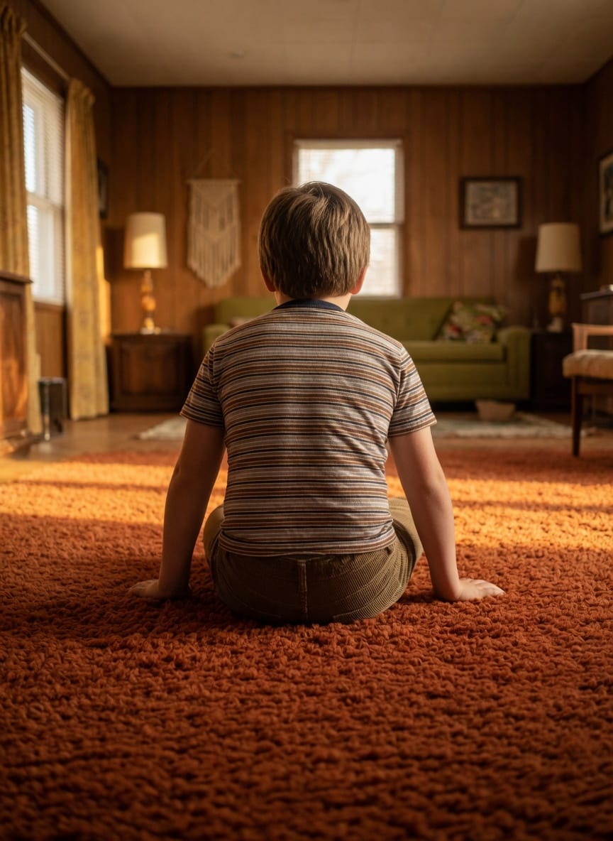 A 1978 living room with thick shag carpet and a wide open floor, a young boy about to sit down to play.
