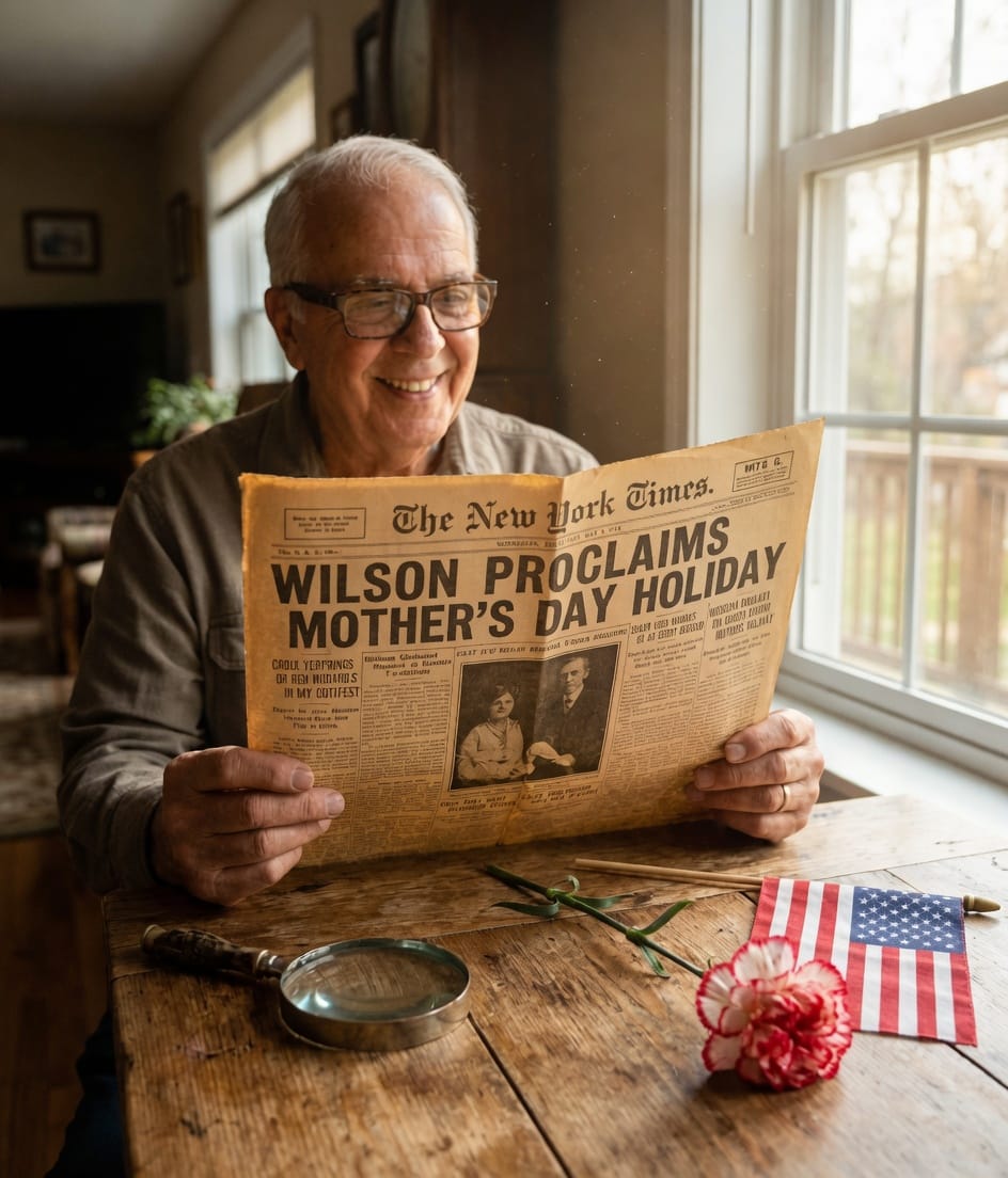 Harvey holds an old May 9, 1914 newspaper with a headline about Mother’s Day becoming a national observance