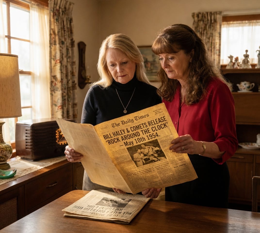 Barb and Sister Carol unfolding an old May 10th, 1954 newspaper at home