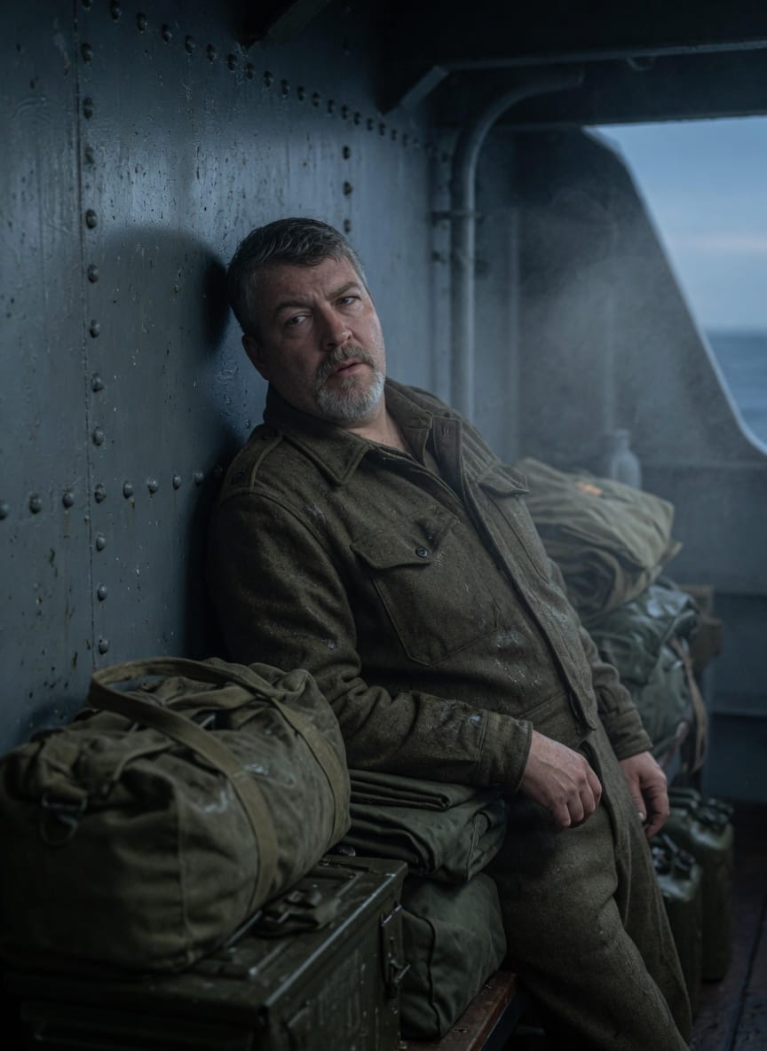 James Whittaker on a transport ship before dawn, surrounded by damp canvas and gear in the heavy air