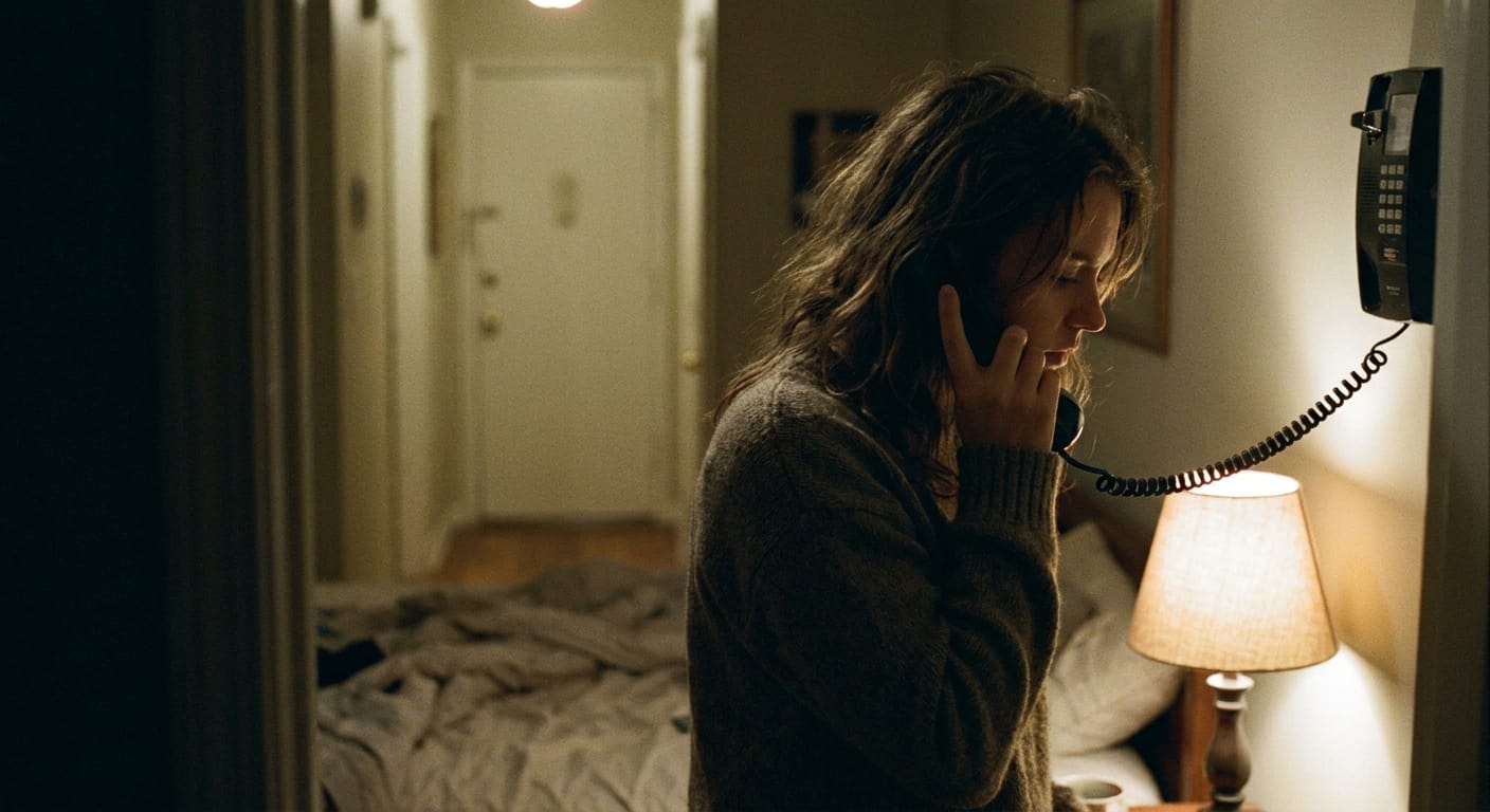 Close view of a woman on a late-night corded phone call with the cord stretched tight