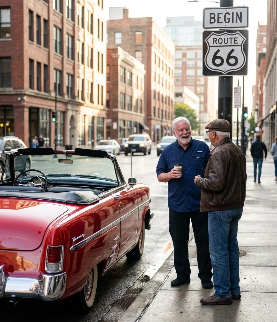 At the Begin Route 66 sign in Chicago with the red 1953 Mercury convertible