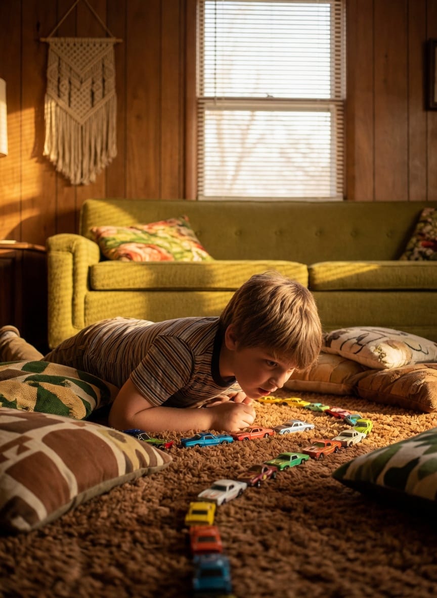 Toy cars form winding roads across a shag-carpeted living room as a boy watches at floor level.