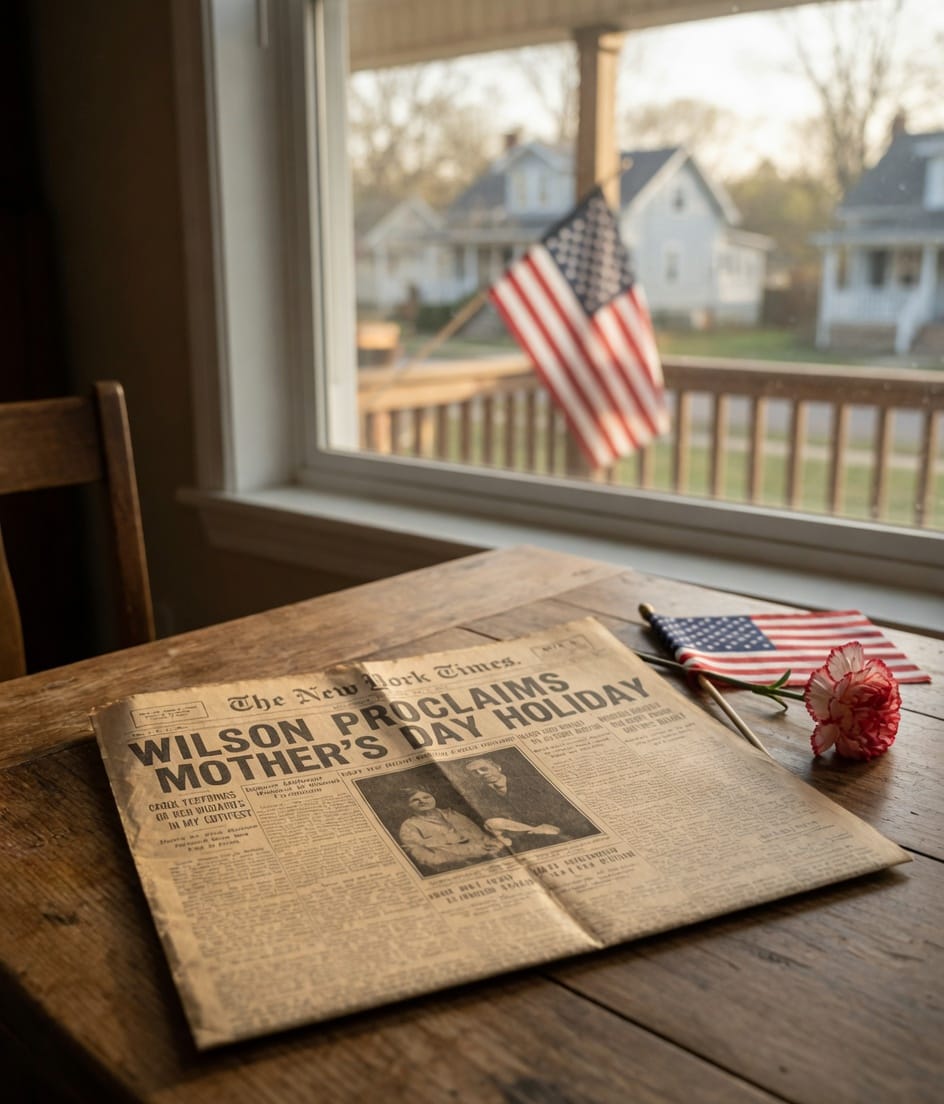 The old newspaper open on a table, with an American flag visible through a nearby window