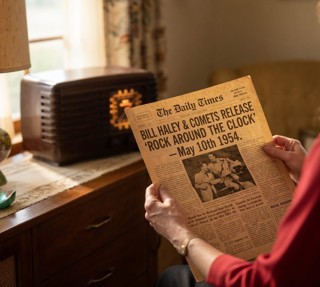 Close-up of the May 10th, 1954 newspaper headline with a radio in the background
