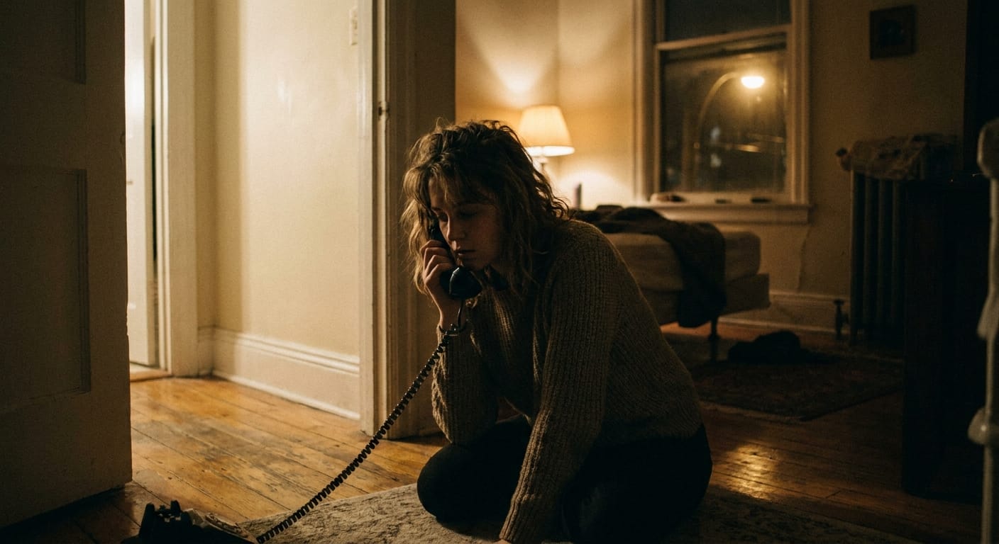 A woman in a dim bedroom on a late-night landline call as the quiet house surrounds her