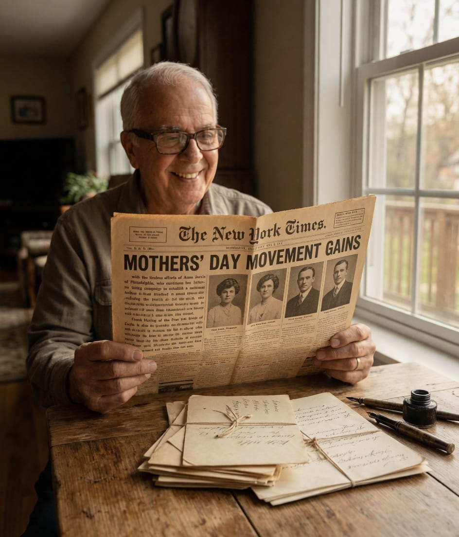 Harvey studies the newspaper’s history notes with letters and envelopes nearby