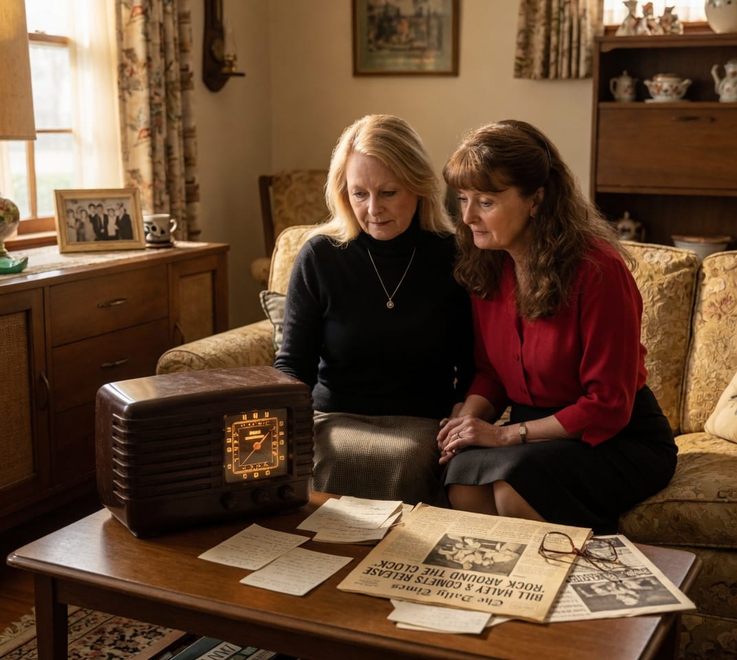 The open 1954 newspaper on a table beside a vintage radio as Barb and Sister Carol listen