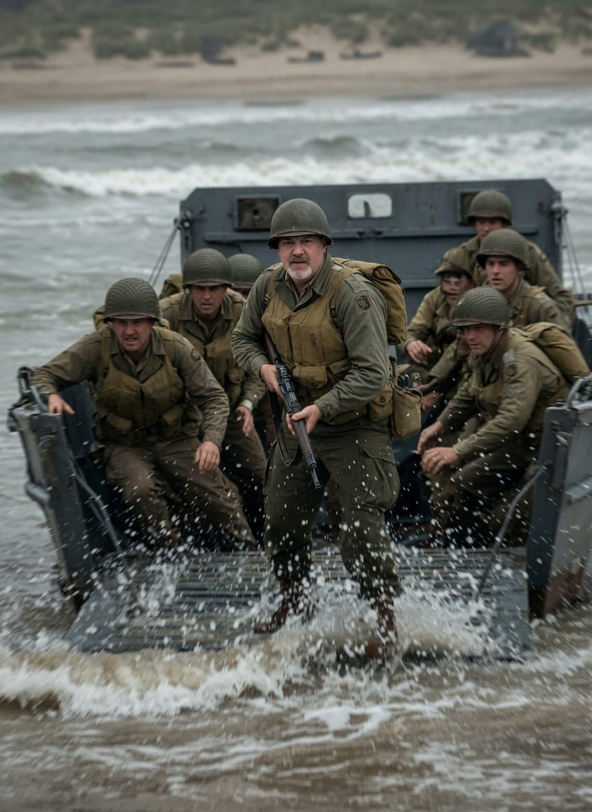 The ramp drops and the men surge forward into water and sand