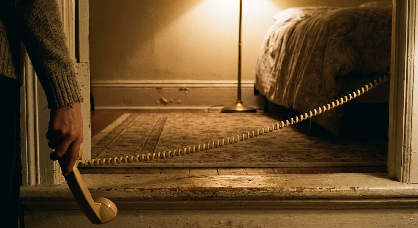 A taut coiled phone cord stretched across a bedroom threshold late at night