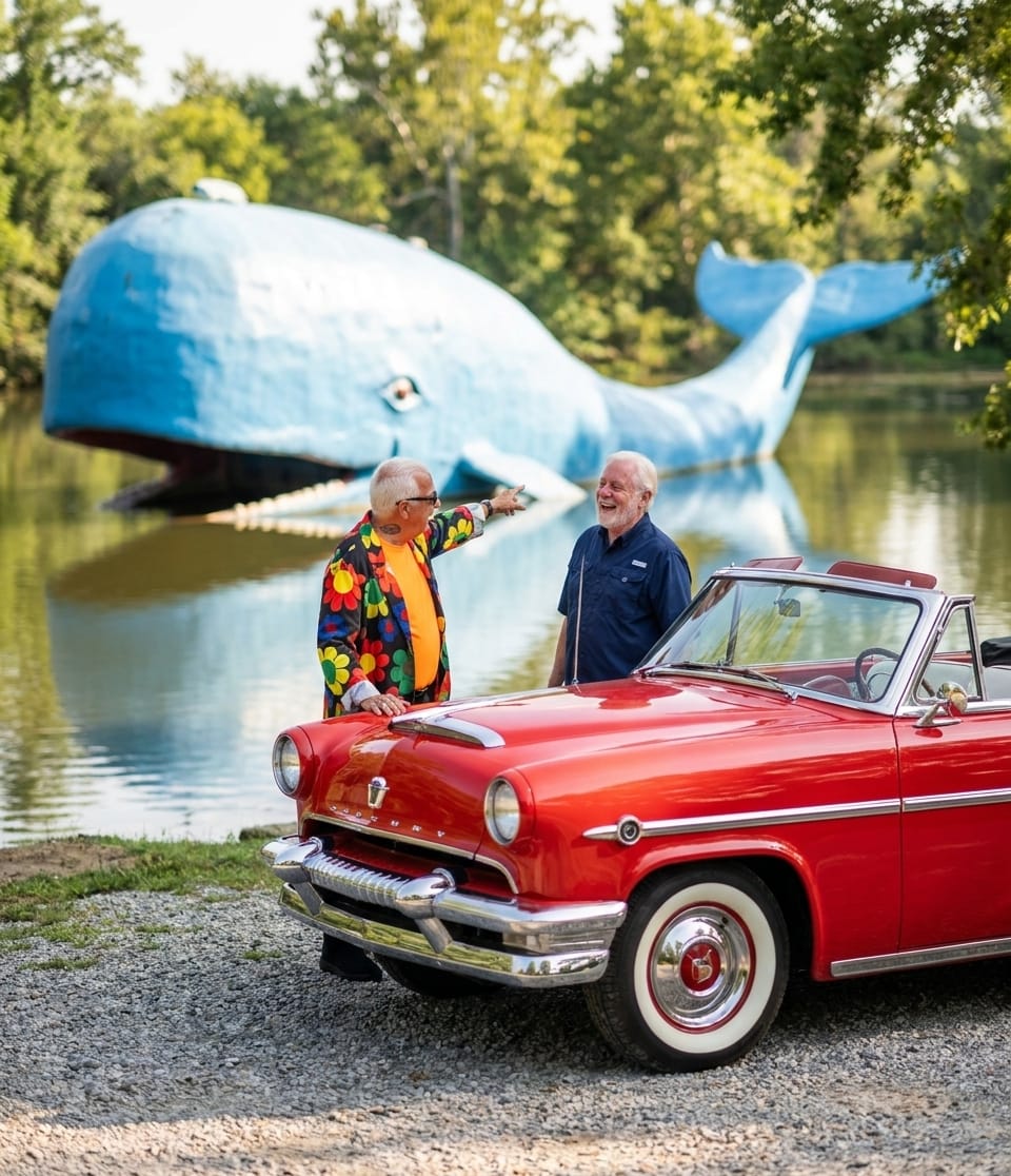 Scott Johnson and Harvey at the Blue Whale of Catoosa with their red Mercury convertible