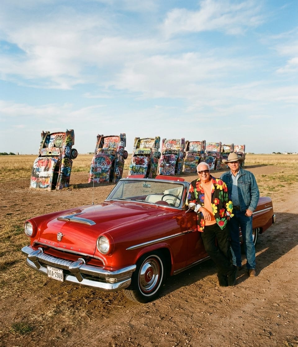 At Cadillac Ranch with the Siren Red 1953 Mercury convertible