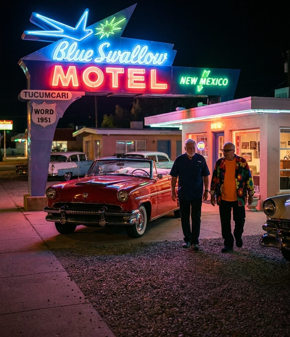 Arriving at the Blue Swallow Motel with the 1953 Mercury convertible