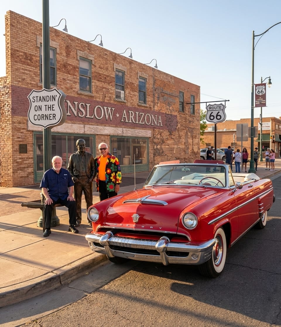 In Winslow at Standin’ on the Corner with the red Mercury convertible