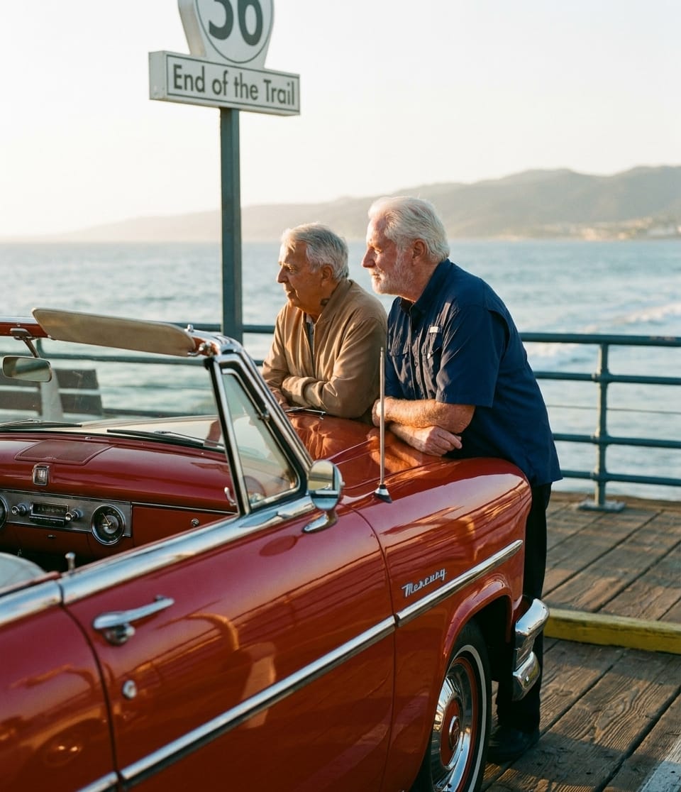 Ending Route 66 at the Santa Monica Pier with the Siren Red 1953 Mercury convertible