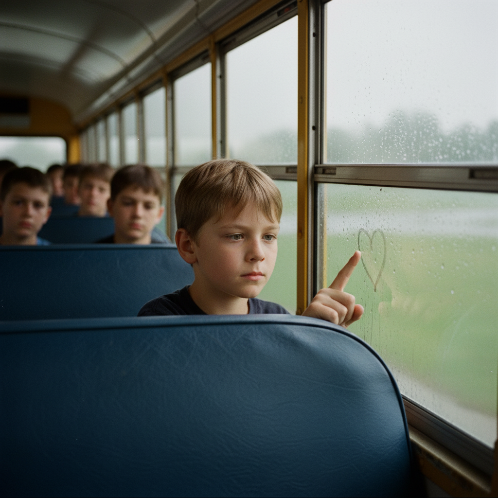A boy on a 1997 school bus traces a shape on a fogged, rain-streaked window in the quiet morning light.