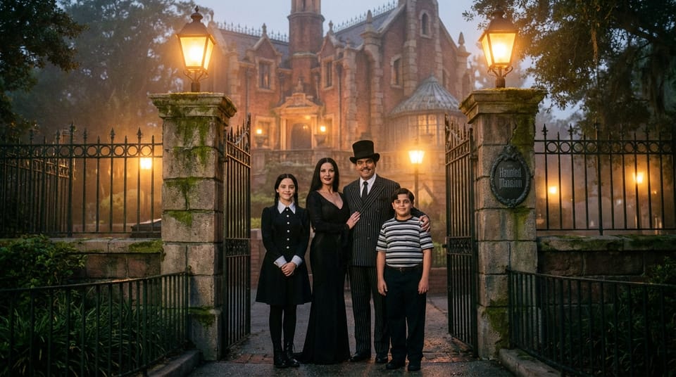 Wednesday, Morticia, Gomez and Pugsley Addams at the Haunted Mansion (Magic Kingdom, 1996): A Place That Felt Like Home