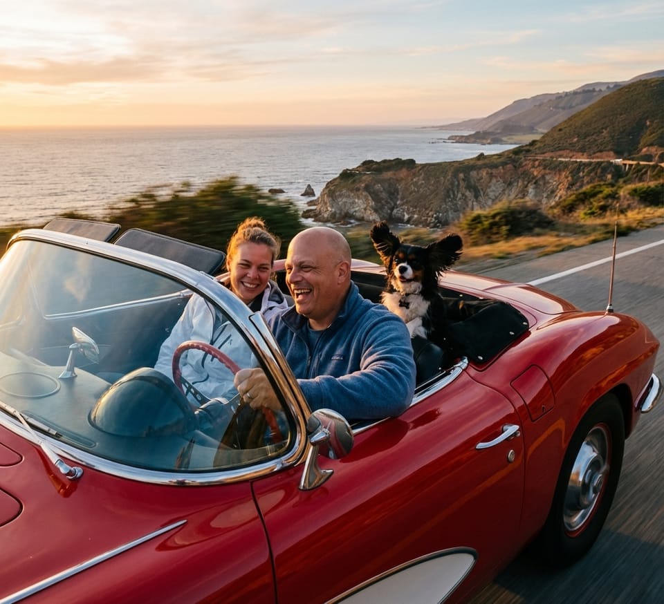 Brett and Jessica’s Virtual Ride to Monterey Bay Aquarium in a 1959 Red Corvette Convertible (with Dash)