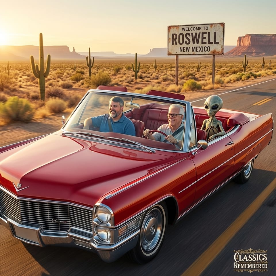Marty and Harvey’s Virtual Road Trip to Roswell in a Red 1965 Cadillac Fleetwood Eldorado—With an Alien in the Back Seat