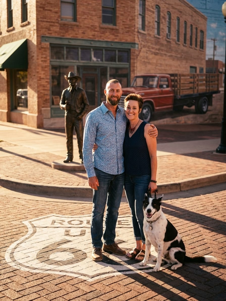 Michael and Tamara Kaeen Standing on the Corner in Winslow, Arizona—One Last Route 66 Trip with Patchy
