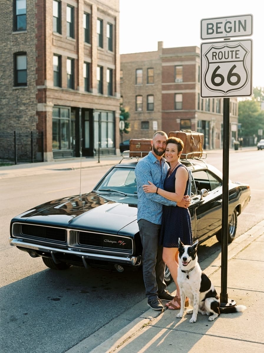 Michael and Tamara Kaeen and PATCHY on Route 66 in a TX9 Tuxedo Black 1969 Dodge Charger