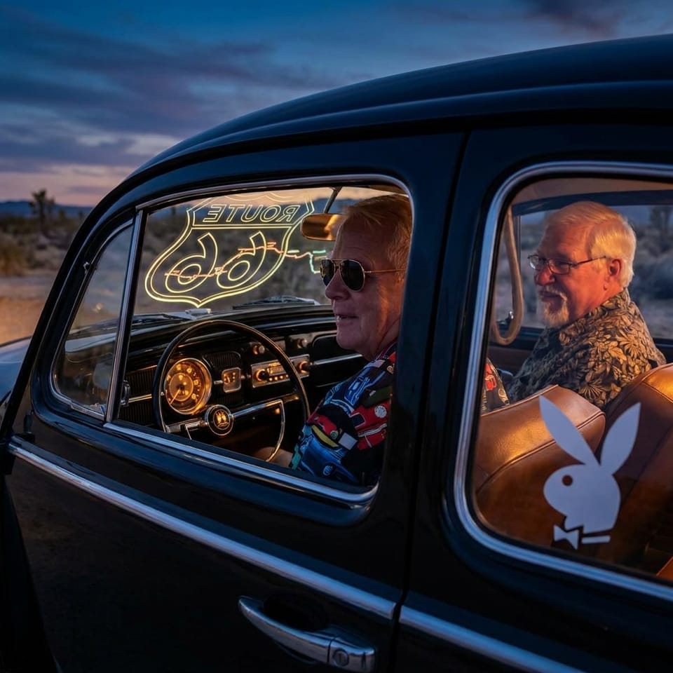 Harvey and Bob’s Virtual Route 66 Ride in a 1960 Black Volkswagen Beetle (with the Bunny on the Door)