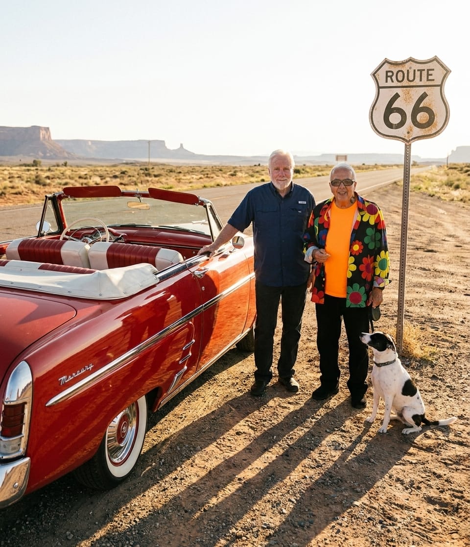Scott Johnson and Harvey: Route 66 in a Siren Red 1953 Mercury Monterey Convertible