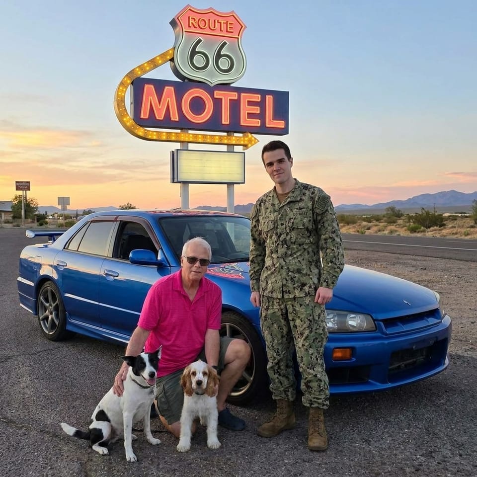 Harvey and Grandson Austin Hoover Take Route 66 in Austin’s Bayside Blue 1999 Nissan 25GT Turbo