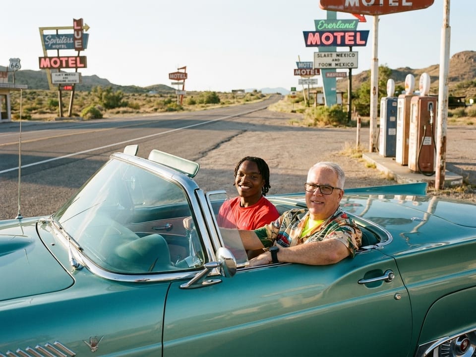 Monte and Harvey and the Seaspray Green ’57 Thunderbird on Route 66