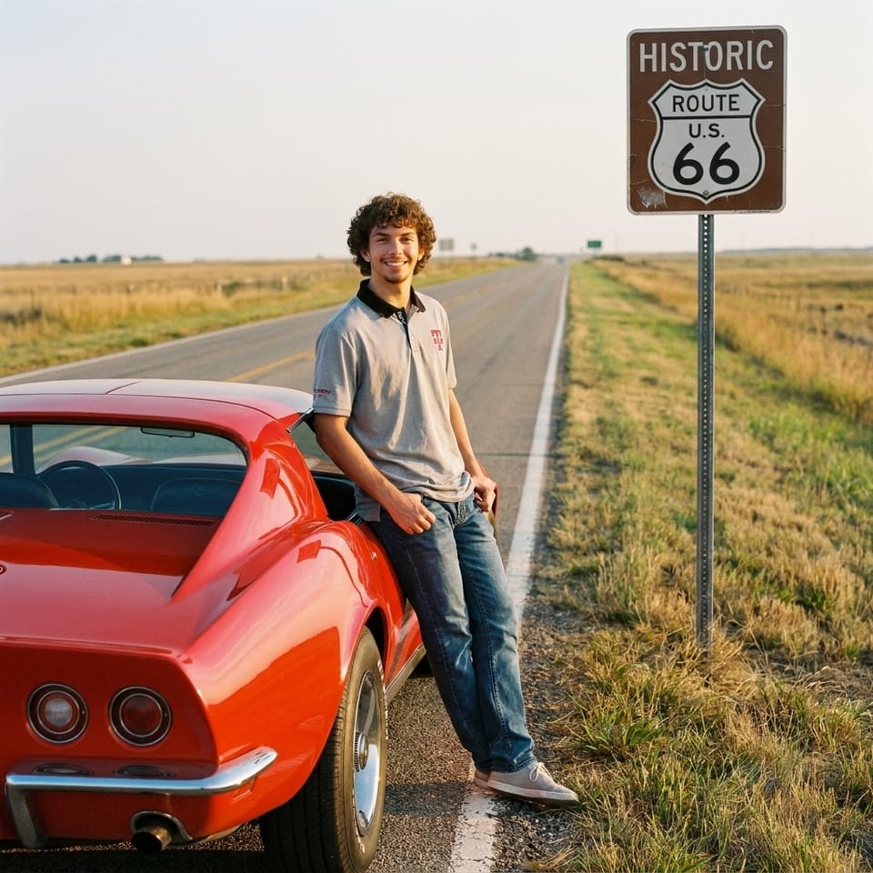 Riley Coyle’s Route 66 Promise in a 1970 Monza Red Corvette Stingray
