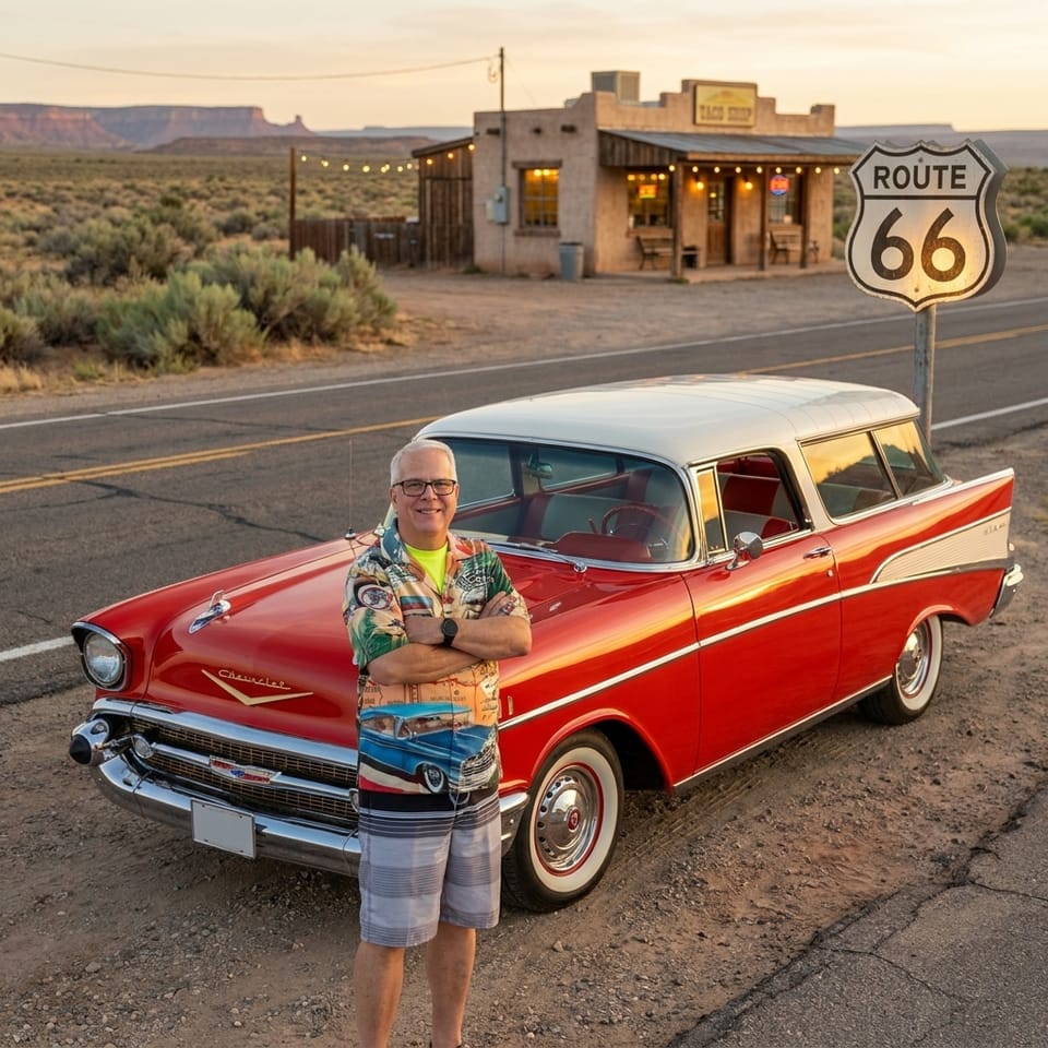 Harvey’s Taco Tuesday Run in a Red 1957 Chevrolet Bel Air Nomad Down Route 66